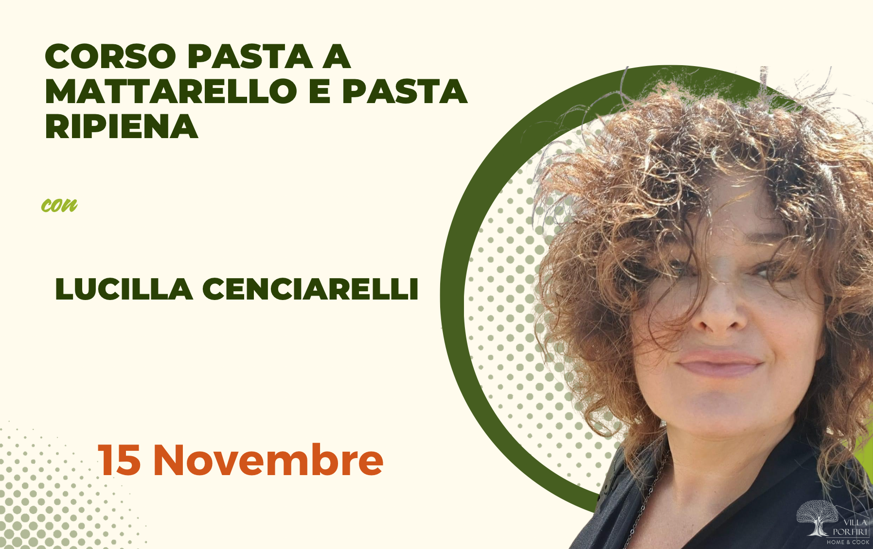 Lucilla Cenciarelli durante il corso di pasta fresca, sfoglia e pasta ripiena presso Villa Porfiri con preparazione della sfoglia all’uovo fatta a mano.