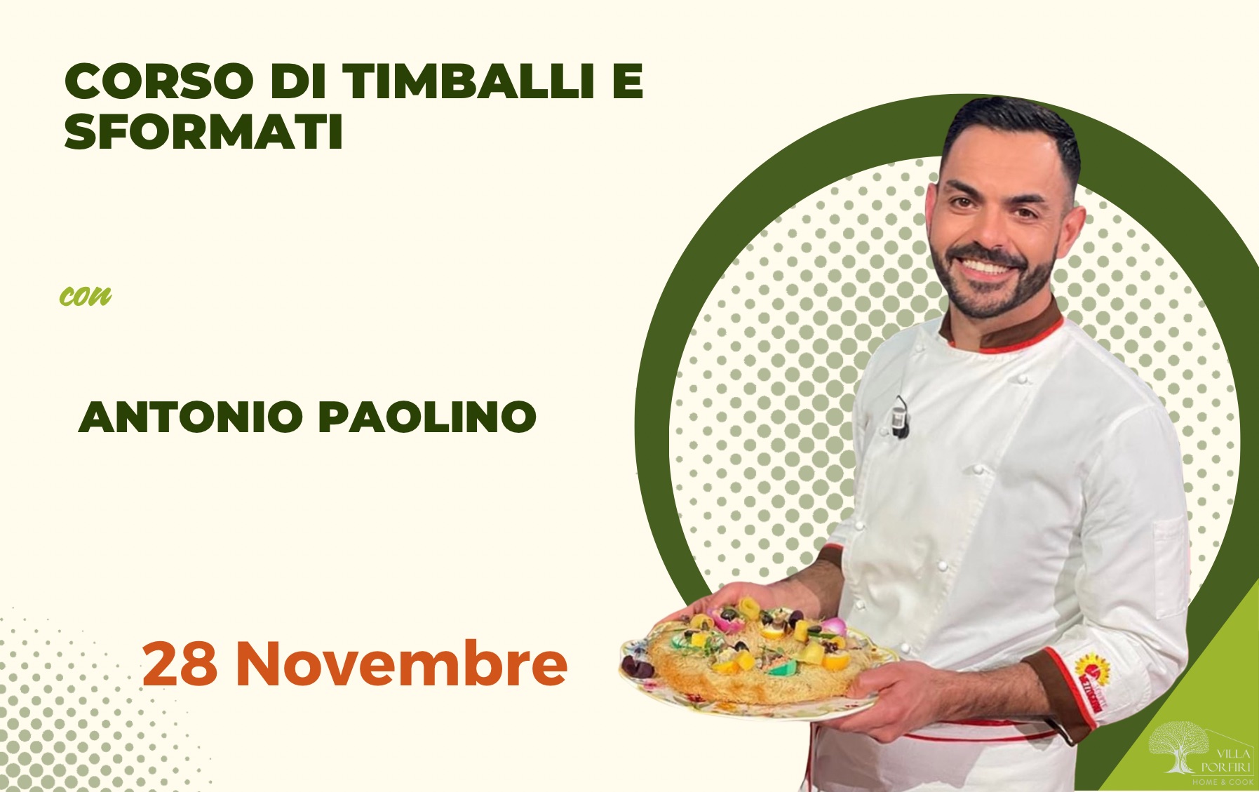 Antonio Paolino durante il corso dedicato a timballi e sformati presso Villa Porfiri con preparazioni da forno della tradizione italiana